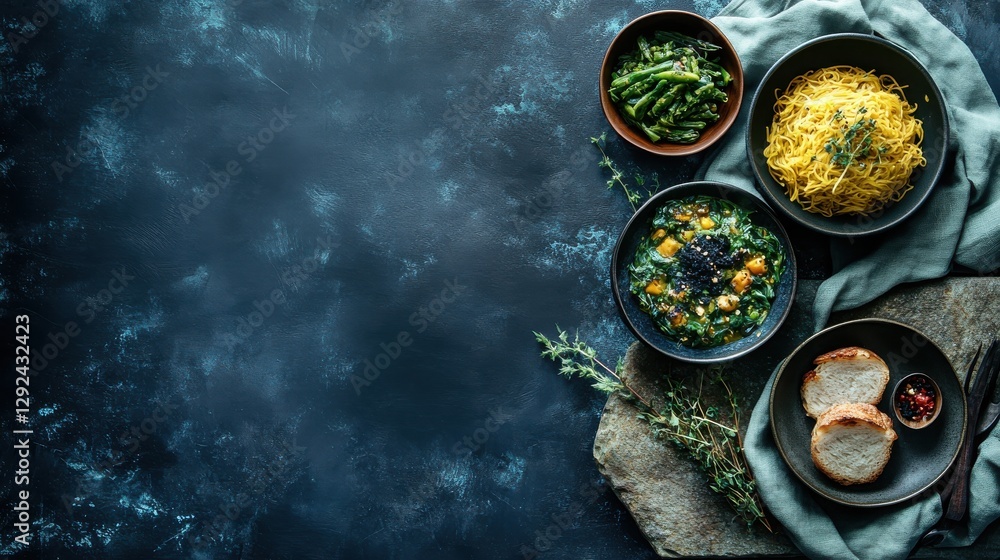 Freshly Prepared Healthy Dishes with Green Asparagus, Spinach Soup, Noodles, and Bread on a Dark Textured Background Freshly Prepared Healthy Dishes with Green Asparagus, Spinach Soup, Noodles, and Bread on a Dark Textured Background