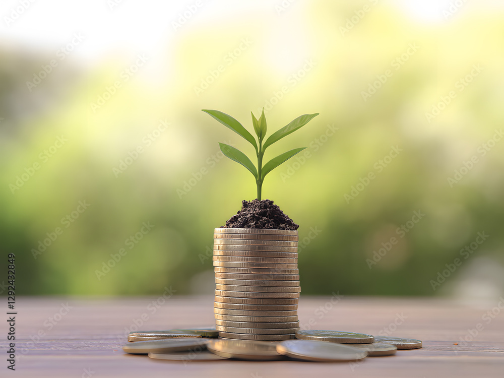 A symbolic representation of financial growth featuring a small plant sprouting from stacks of coins, illustrating wealth accumulation, investment success, and sustainable finance. A symbolic representation of financial growth featuring a small plant sprouting from stacks of coins, illustrating wealth accumulation, investment success, and sustainable finance.