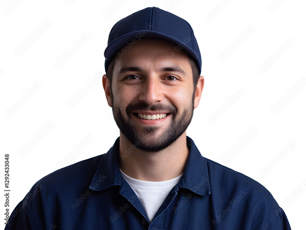 A friendly and professional worker wearing a uniform and cap, representing skilled trades, maintenance, and technical services. A friendly and professional worker wearing a uniform and cap, representing skilled trades, maintenance, and technical services.