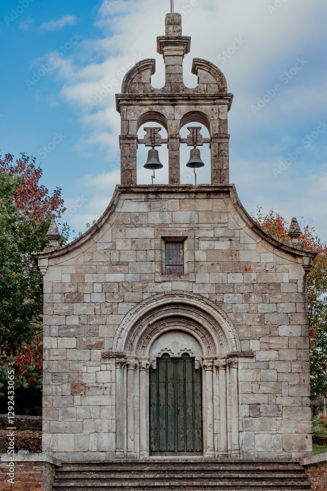 Portomarin, Spain. November 5, 2024: San Pedro Church and Fraga Iribarne Street. Portomarin, Spain. November 5, 2024: San Pedro Church and Fraga Iribarne Street.