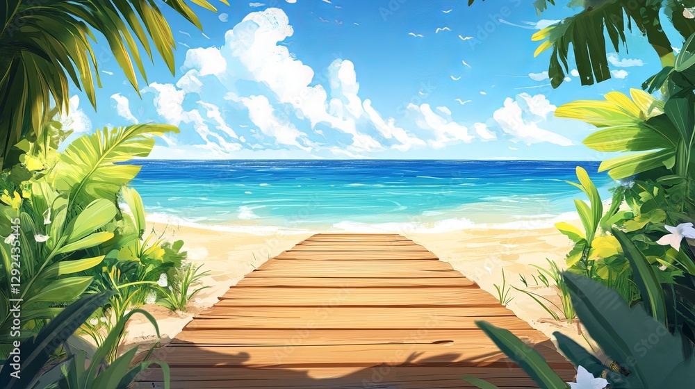 Obraz premium Tropical beach scene with wooden pathway ocean view nature illustration tranquil environment daylight