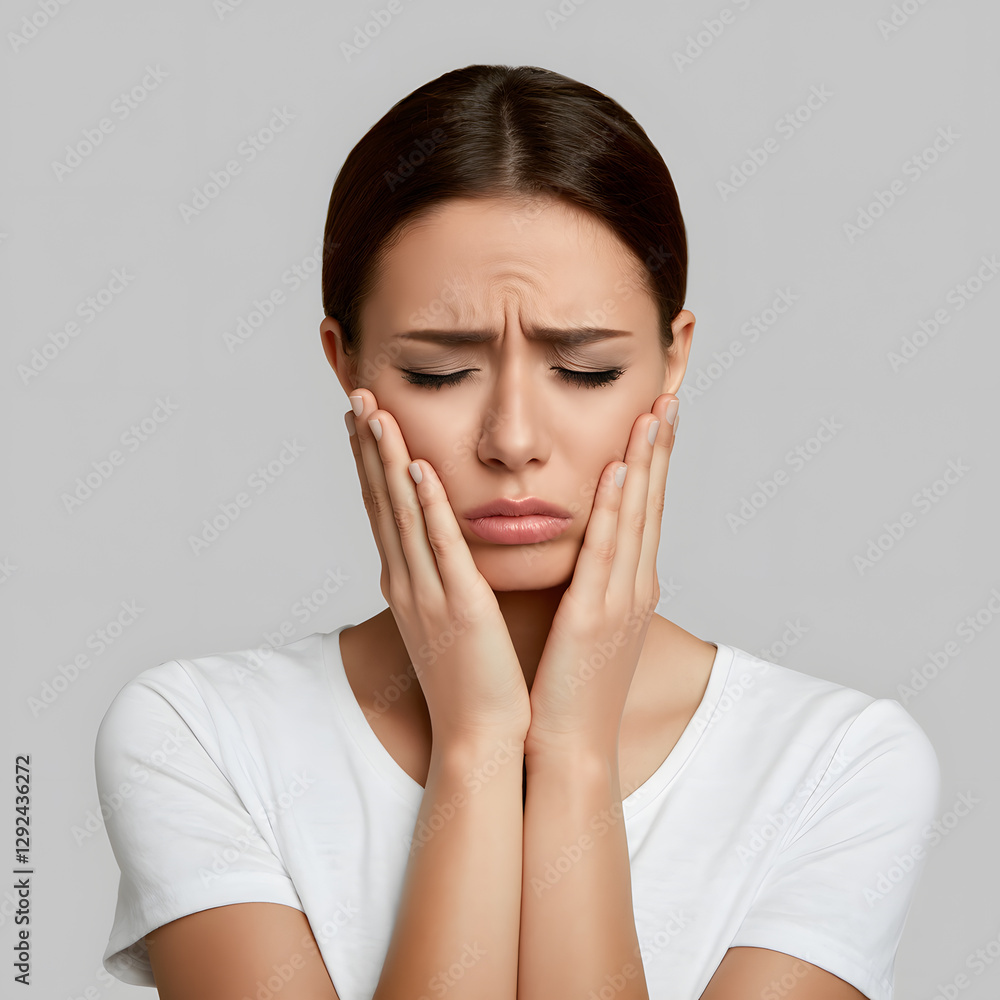 A distressed woman holding her jaw in pain, depicting severe toothache or dental discomfort. A distressed woman holding her jaw in pain, depicting severe toothache or dental discomfort.