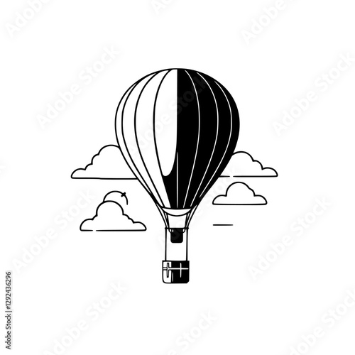 Hot air balloon silhouette floating amongst clouds in minimalist line art style.