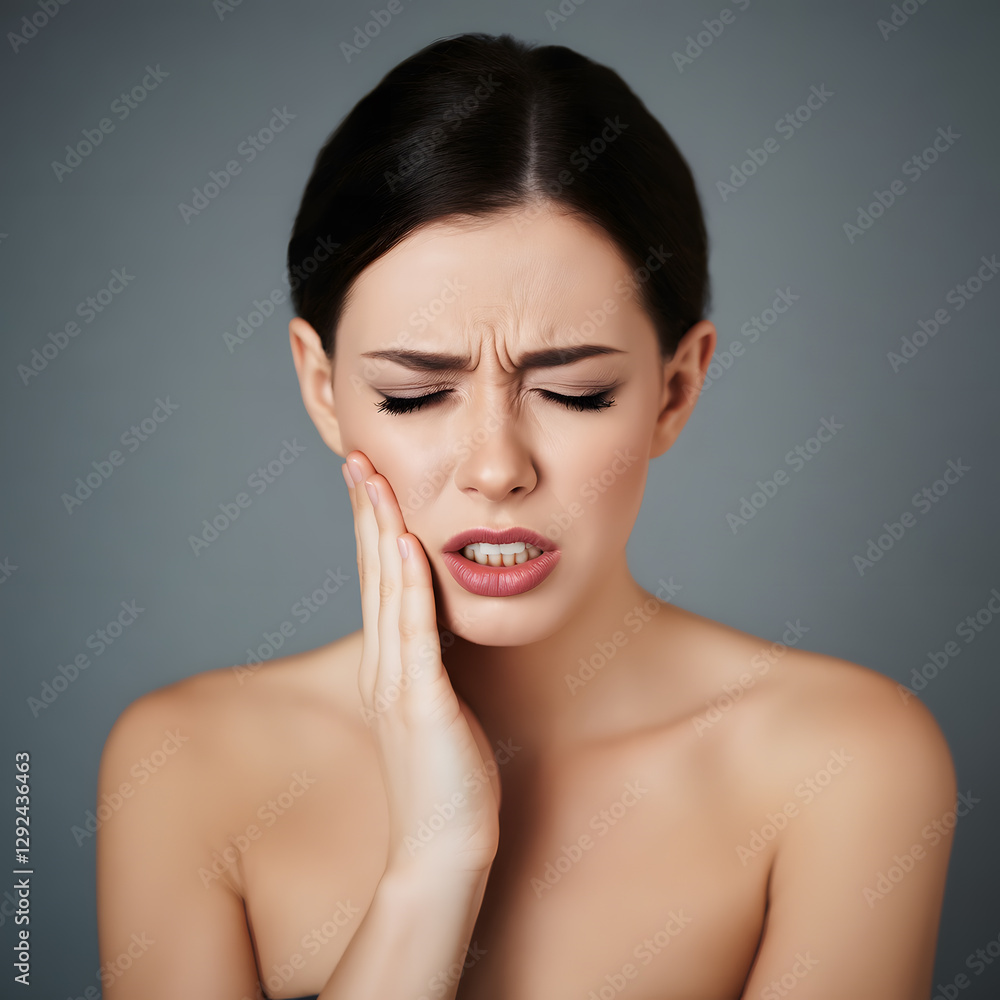 A distressed woman holding her jaw in pain, depicting severe toothache or dental discomfort. A distressed woman holding her jaw in pain, depicting severe toothache or dental discomfort.