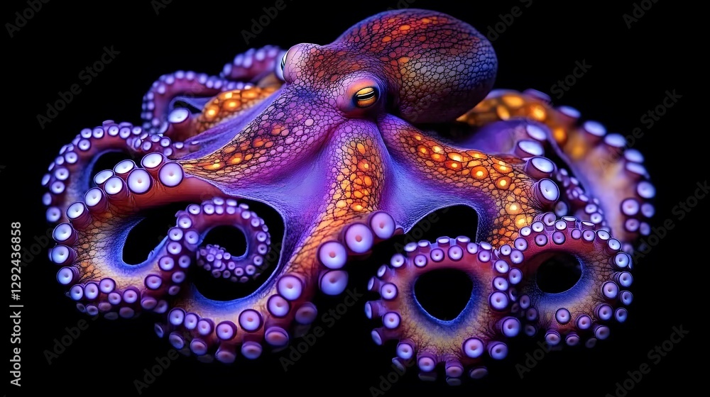 Obraz premium Beautiful Colorful Octopus Displaying Its Tentacles Against A Black Background
