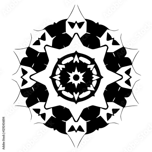 Black and white symmetrical design depicting a mandala composed of geometric shapes.