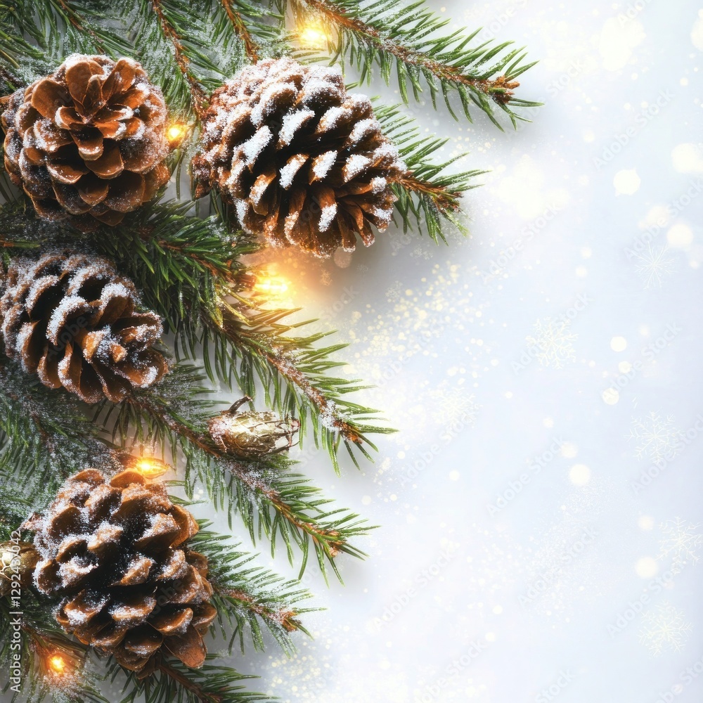 Snowy Christmas pine cones and branches with lights Snowy Christmas pine cones and branches with lights