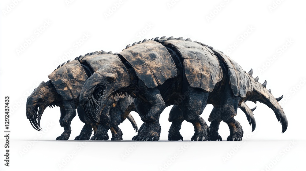 Fototapeta premium Three stylized, armored creatures resembling giant tortoises with spiky features.