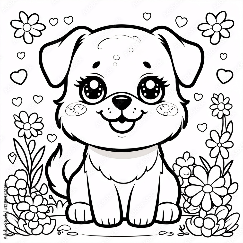 Fototapeta premium Whimsical Puppy Line Art with Friendly Face for Fun Kids Storybooks and Colorful Creative Coloring Pages for Young Artists Drawing Illustration with Heart and Flowers