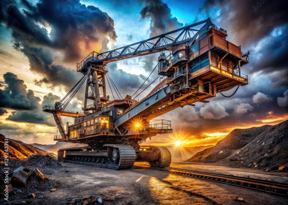 A colossal coal excavator, a monument to industry, dominates the landscape. A colossal coal excavator, a monument to industry, dominates the landscape.