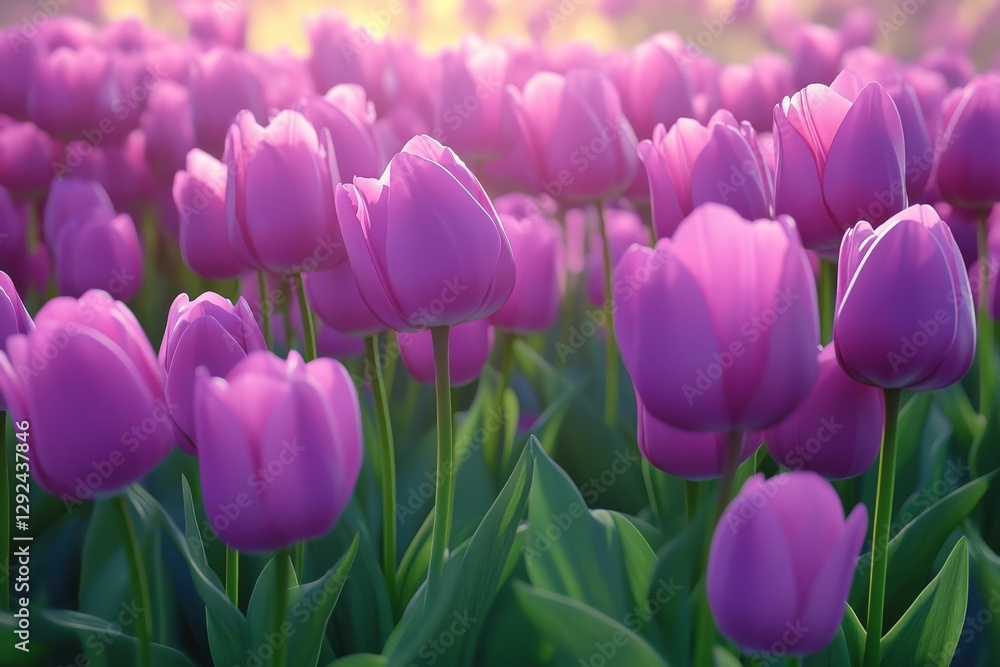 Fototapeta premium Vibrant purple tulip field at sunrise showcasing nature's beauty in full bloom