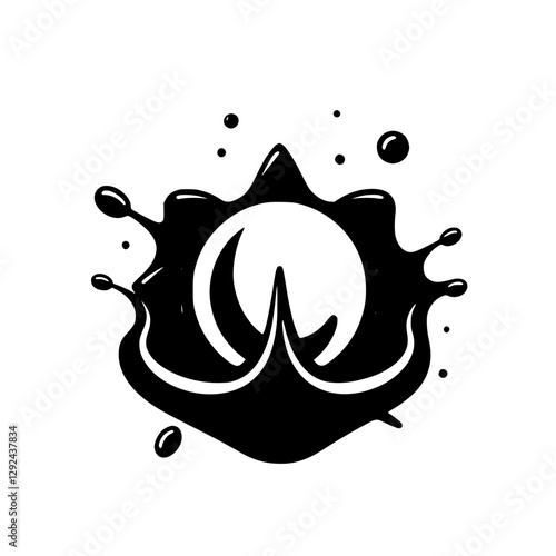 Black ink spill artfully composed of black ink droplets, the spill having a complex, geometric shape.