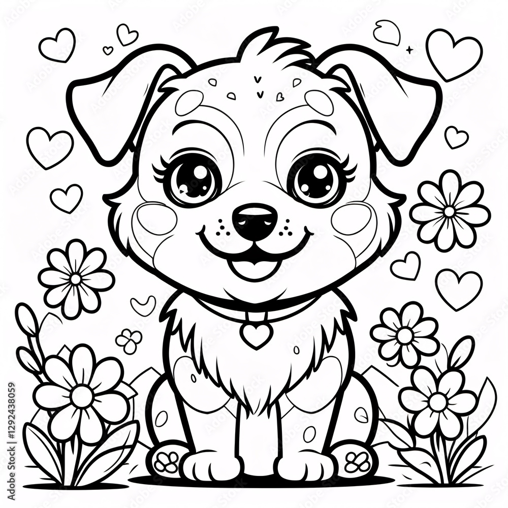 Adorable Smiling Dog Drawing with Friendly Face for Kids Book Covers and Fun Creative Coloring Pages for Childrens Education Drawing Illustration with Heart and Flowers Adorable Smiling Dog Drawing with Friendly Face for Kids Book Covers and Fun Creative Coloring Pages for Childrens Education Drawing Illustration with Heart and Flowers