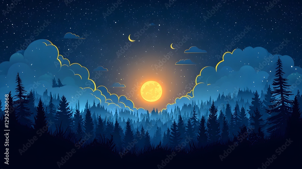 Naklejka premium A starry night forest scene with moon and clouds