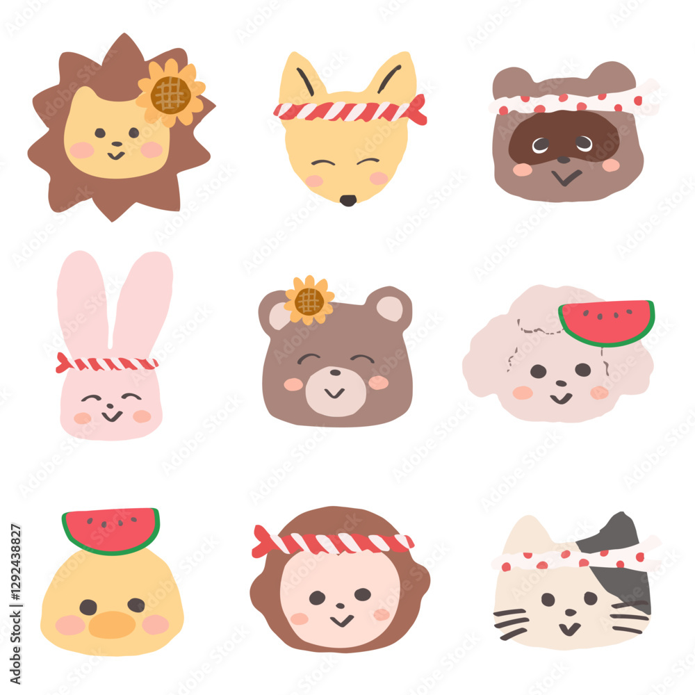 夏のものをつけたり鉢巻を巻いておめかしした可愛い動物の夏アイコンセット 手書きの可愛いイラスト 夏のものをつけたり鉢巻を巻いておめかしした可愛い動物の夏アイコンセット 手書きの可愛いイラスト