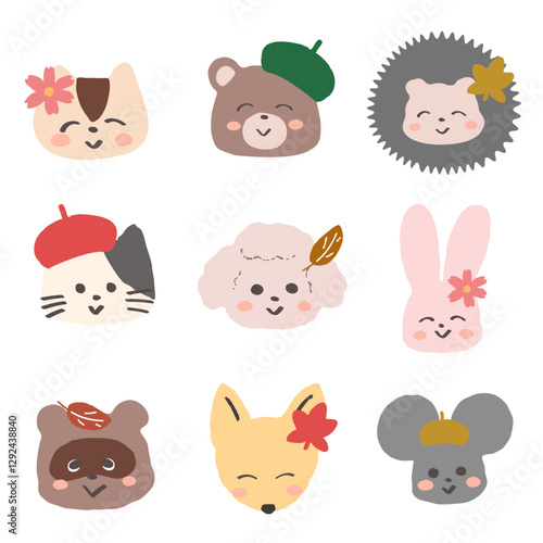 秋の葉っぱや帽子をかぶっておめかしした可愛い動物の秋アイコンセット　手書きの可愛いイラスト