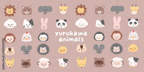 手書きの可愛い動物のアイコンセット　普通の顔とにっこり笑顔　幼稚園　保育園　可愛いイラスト