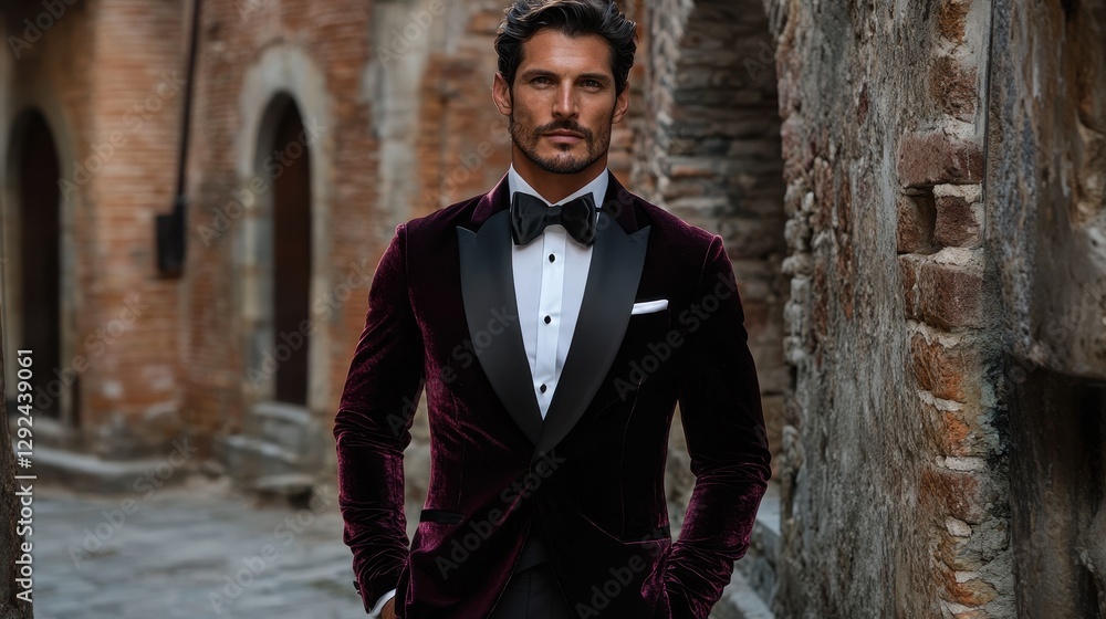 Man in burgundy velvet tuxedo, classic style. Perfect for fashion, wedding, or formal event websites. Man in burgundy velvet tuxedo, classic style. Perfect for fashion, wedding, or formal event websites.