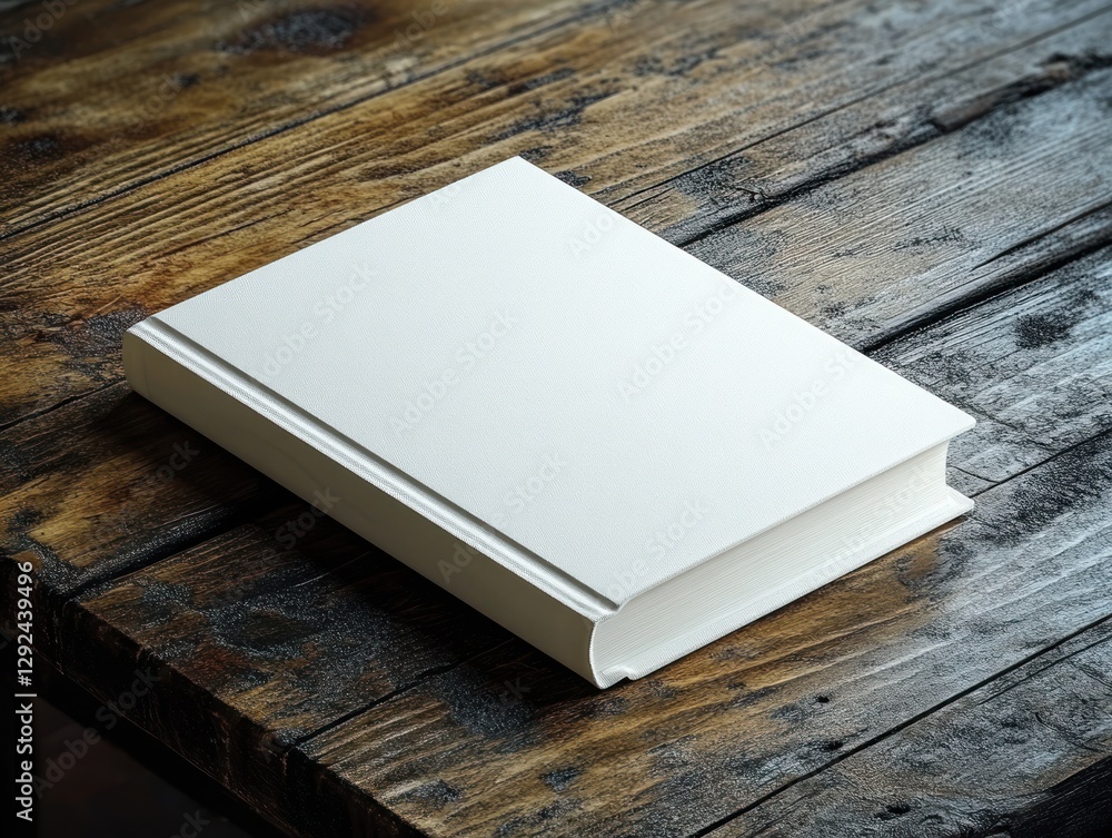 Blank Book Mockup on Rustic Wooden Table with High Contrast Lighting Blank Book Mockup on Rustic Wooden Table with High Contrast Lighting