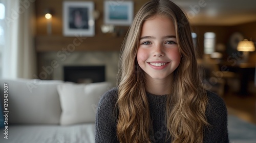 Smiling Young Girl with Long Hair in Cozy Indoor Living Space
