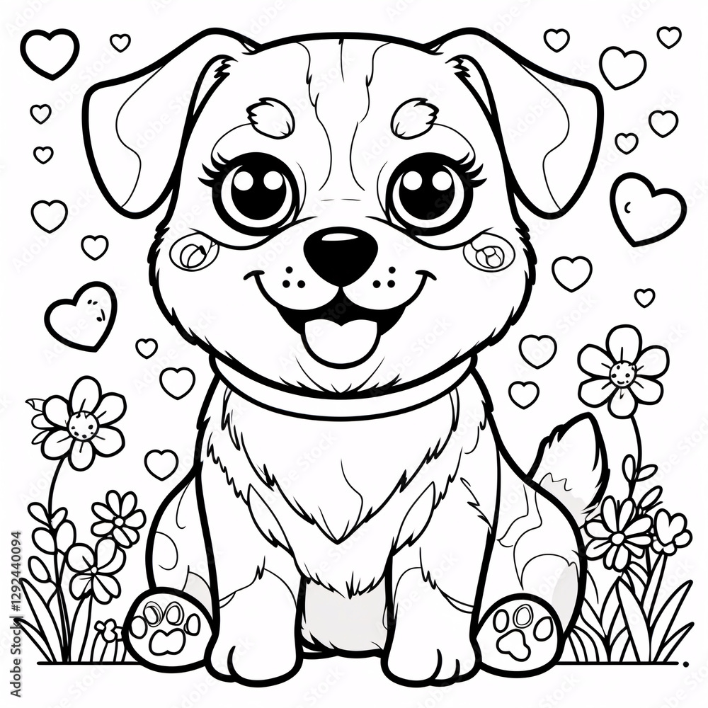 Fototapeta premium Playful Puppy Drawing with Friendly Expression for Kids Book Covers and Fun Educational Coloring Pages for Young Children Drawing Illustration with Heart and Flowers