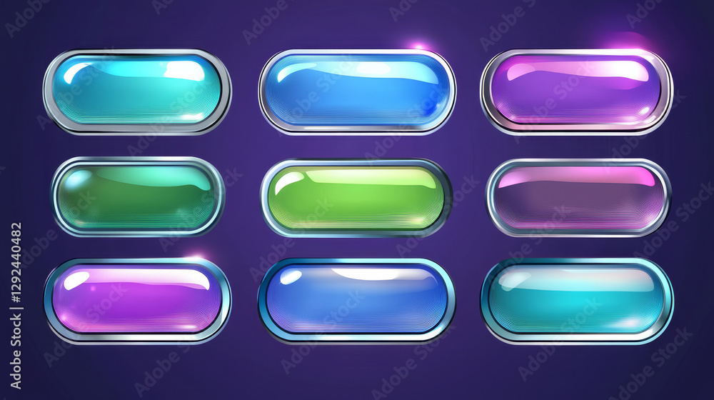 Heart Icon Game UI Set Of Long Futuristic Buttons Or Bars Blue Purple Green Color With Silver Border Cute Colorful Cartoon Vector Design Heart Icon Game UI Set Of Long Futuristic Buttons Or Bars Blue Purple Green Color With Silver Border Cute Colorful Cartoon Vector Design