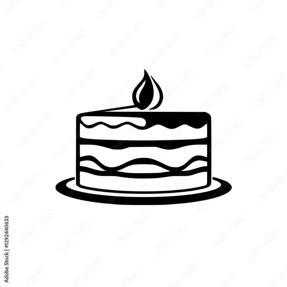 Black and white image of a stylized cake with a lit candle on top. Black and white image of a stylized cake with a lit candle on top.