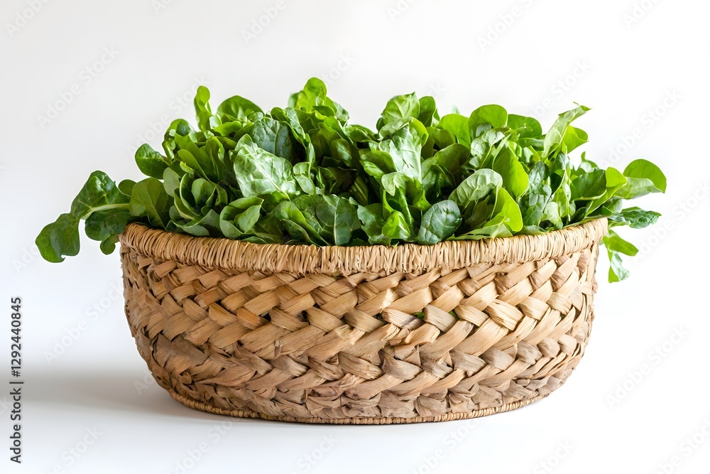 A wicker basket filled with fresh green leafy vegetables A wicker basket filled with fresh green leafy vegetables