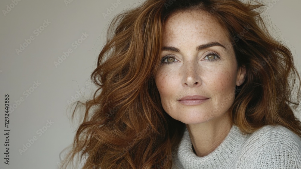 Beautiful Woman with Freckles and Curly Red Hair in Cozy Sweater Portrait Beautiful Woman with Freckles and Curly Red Hair in Cozy Sweater Portrait