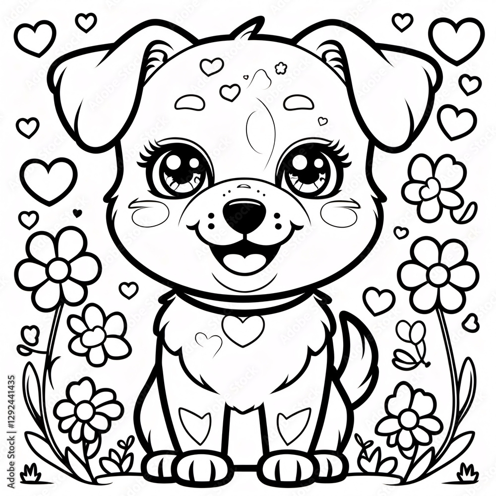 Fototapeta premium Sweet Smiling Dog Line Drawing for Kids Book Covers and Fun Engaging Coloring Pages for Creative Exploration by Young Children Drawing Illustration with Heart and Flowers