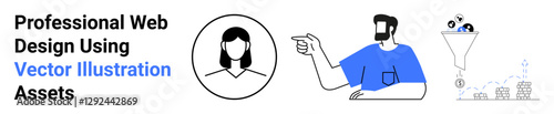 Male designer pointing at a user profile icon, funnel with coins, and graph trending upward. Ideal for team collaboration, digital marketing, UIUX design, business growth, data-driven strategy