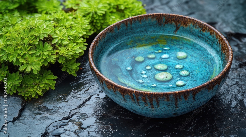 Fototapeta premium Spa water bowl, zen garden, droplets, serenity, wellness