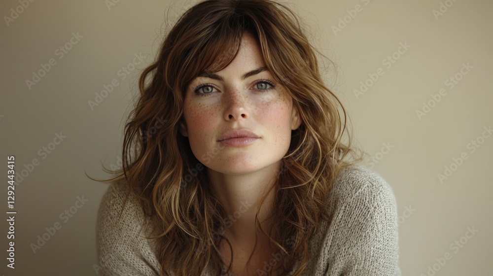 Obraz premium Natural Portrait of Young Woman with Freckles and Wavy Hair Smiling Softly