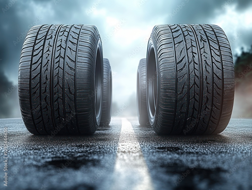 Obraz premium Hyper-realistic 3D Rendering of Tires on Wet Asphalt Road with Headlight Effects
