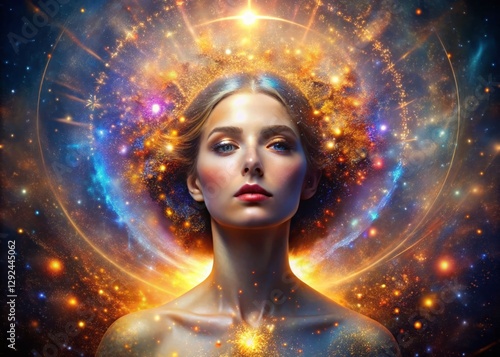 Cosmic Goddess: Celestial Woman with Divine Glow -  Ethereal Fantasy Stock Photo