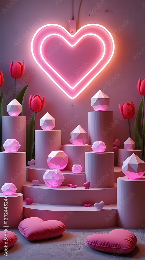 Romantic Valentine's Day scene with a neon heart, glowing diamonds, pink pillows, and tulips on a multi-level podium, dreamy love-themed 3D render for celebrations or backgrounds
Romantic Valentine's Day scene with a neon heart, glowing diamonds, pink pillows, and tulips on a multi-level podium, dreamy love-themed 3D render for celebrations or backgrounds