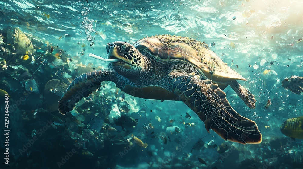 Obraz premium Turtle Swimming Through Polluted Ocean Waters