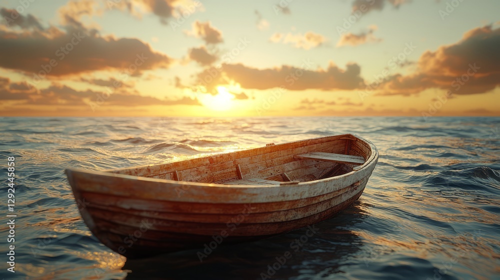 Serene Sunset Over a Solo Boat on Tranquil Water Serene Sunset Over a Solo Boat on Tranquil Water