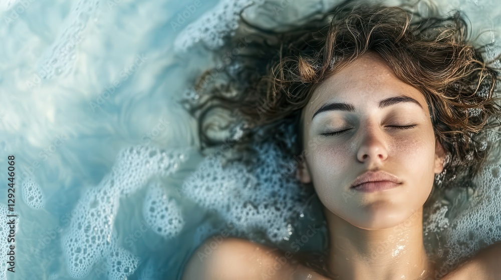 A young woman with curly hair floats peacefully in shallow water. Soft waves wash over her as she enjoys the warmth of the sun and the calming nature around her A young woman with curly hair floats peacefully in shallow water. Soft waves wash over her as she enjoys the warmth of the sun and the calming nature around her