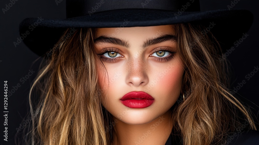 Close-up portrait of a young woman with long brown hair, wearing a black hat. Her makeup is bold and dramatic, with red lips and defined eyes. Close-up portrait of a young woman with long brown hair, wearing a black hat. Her makeup is bold and dramatic, with red lips and defined eyes.