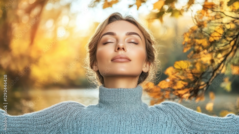 A woman stands with closed eyes, taking in the calm atmosphere by a lake, enveloped by colorful autumn leaves and soft sunlight. The serene moment captures tranquility and connection with nature A woman stands with closed eyes, taking in the calm atmosphere by a lake, enveloped by colorful autumn leaves and soft sunlight. The serene moment captures tranquility and connection with nature