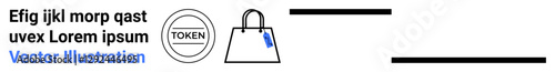 Shopping bag labeled with a tag and simplistic token graphic representing transactions, purchasing, or e-commerce services. Ideal for retail, branding, currency, digital wallet, e-commerce