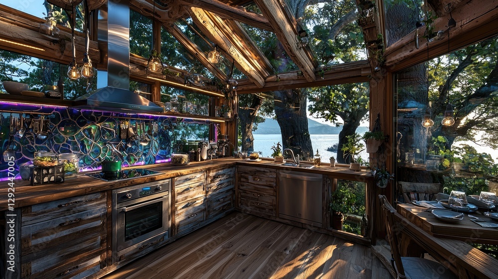 Treetop kitchen with ocean view, sunrise, wooden design Treetop kitchen with ocean view, sunrise, wooden design