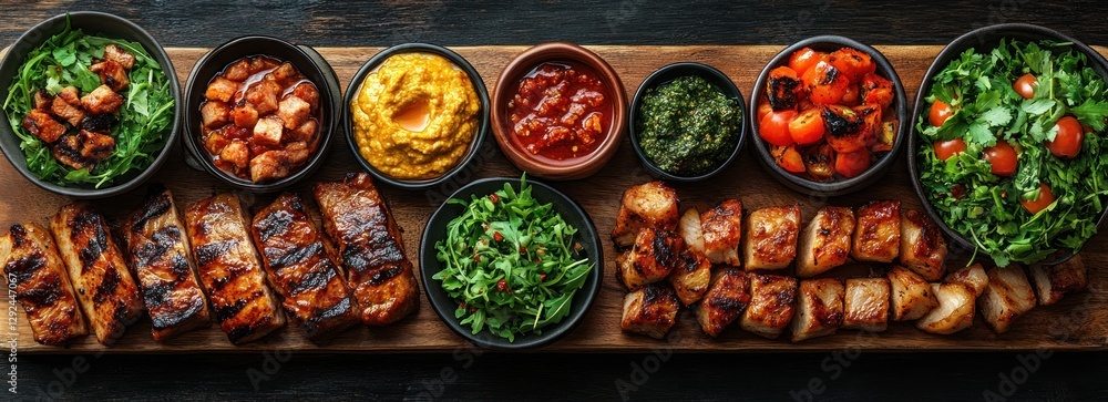 Fototapeta premium Summer BBQ Picnic Food Spread Grilled Meats Salads Burgers Snacks Top View Wooden Table Vibrant Colors