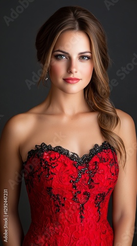 Stunning young woman in a red strapless gown, elegant hairstyle, and subtle makeup.  Captivating portrait.