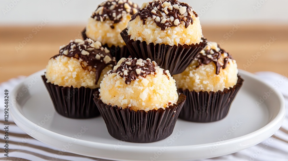 A delightful assortment of coconut treats, elegantly drizzled with chocolate and sprinkled with chopped nuts, presented on a white plate. A delightful assortment of coconut treats, elegantly drizzled with chocolate and sprinkled with chopped nuts, presented on a white plate.