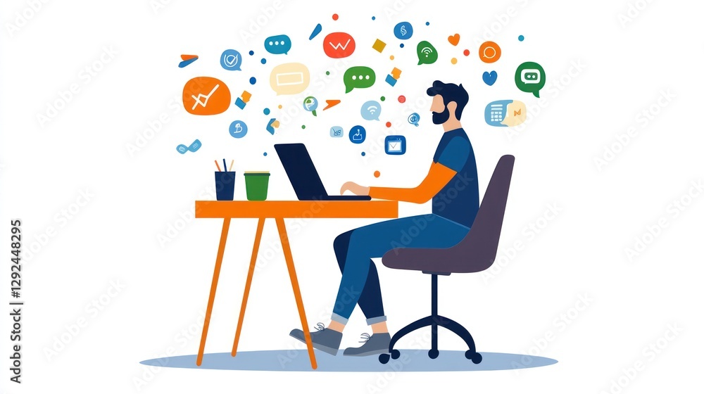 Man working at desk, surrounded by digital icons. Possible use for stock photo of productivity Man working at desk, surrounded by digital icons. Possible use for stock photo of productivity