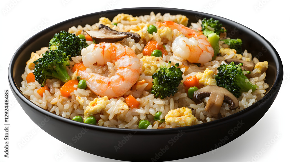 A black bowl of food with shrimp, broccoli, and rice A black bowl of food with shrimp, broccoli, and rice