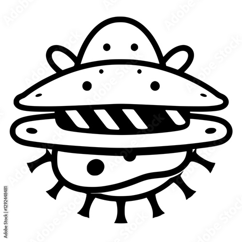 Burger-like alien: a minimalist black and white illustration of a stylized alien creature-looking burger