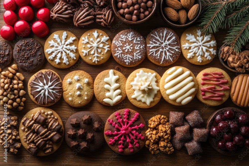 Christmas Holiday Cookie and Candy Table with Icing Snowflakes and Festive Decorations Christmas Holiday Cookie and Candy Table with Icing Snowflakes and Festive Decorations
